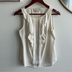 White Ruffled Blouse: Tan & Navy Dots